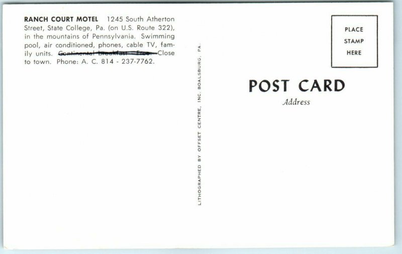 Postcard - Ranch Court Motel - State College, Pennsylvania 