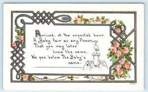 Arts and Crafts BIRTH ANNOUNCEMENT with Stork - Postally Unused Owen Postcard