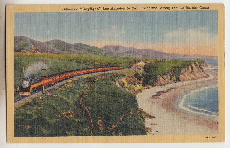 P2922, vintage postcard RR train the daylight along the coast los angeles, etc