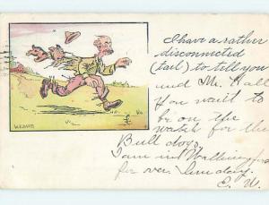 Pre-1907 comic signed DOG HOLDING ON TO JACKET AS MAN RUNS AWAY HL2067