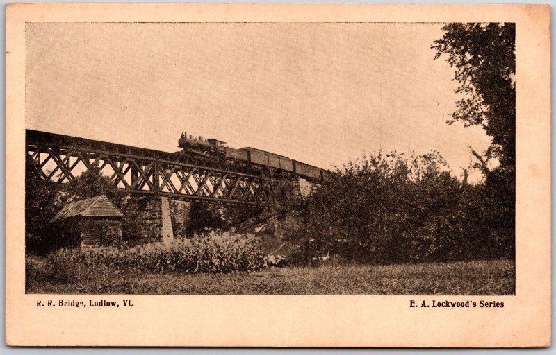 R. R. Rutland Railroad Bridge with Steam Locomotive Ludlow Vermont VT Postcard