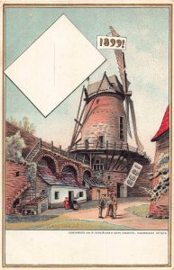 New Year Greetings Windmill Citadel Wall People 1899 vintage postcard C359