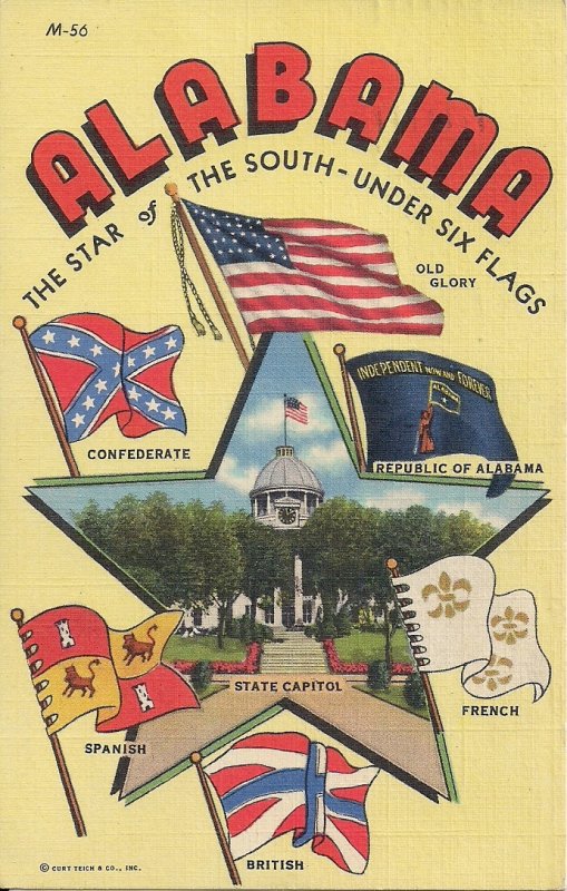 Montgomery AL, Confederate Flag, Six Flags over Alabama, Teich Linen 1941