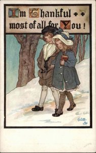 Tuck Thanksgiving Children Girl and Boy Walking c1910 Vintage Postcard