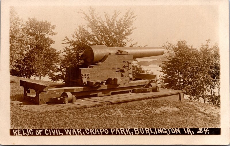Real Photo Postcard Relic of Civil War Gun at Crapo Park in Burlington, Iowa