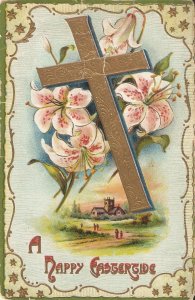 Cross. Flowers. Landscape  Old vintage American Easter Greetings postcard