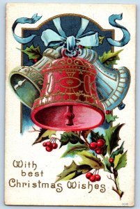 Christmas Postcard Ringing Bells And Holly Berries Embossed c1910's Antique