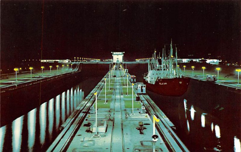 Night Scene Miraflores Locks Panama Canal Panama Tape on back 