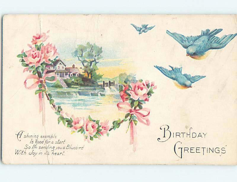 Bent Divided-Back BLUEBIRD BIRDS WITH STRING OF PINK ROSE FLOWERS ho4104