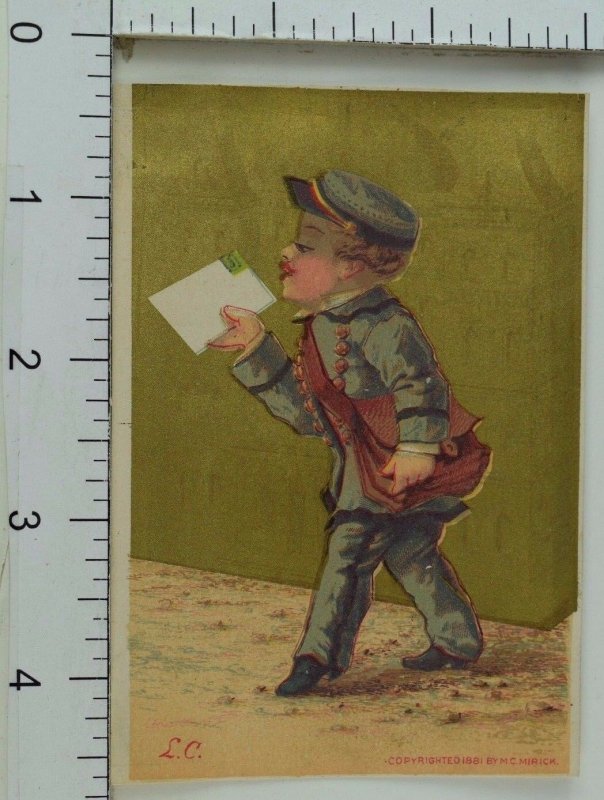 Victorian Trade Card Adorable Boy-Postman Letter Leather Bag F81