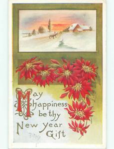 Pre-Linen new year HORSE AND WAGON WITH POINSETTIA FLOWERS k5182