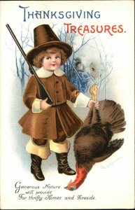 Clapsaddle Thanksgiving Int'l Art Pilgrim Boy Gun Dead Turkey c1910 Postcard