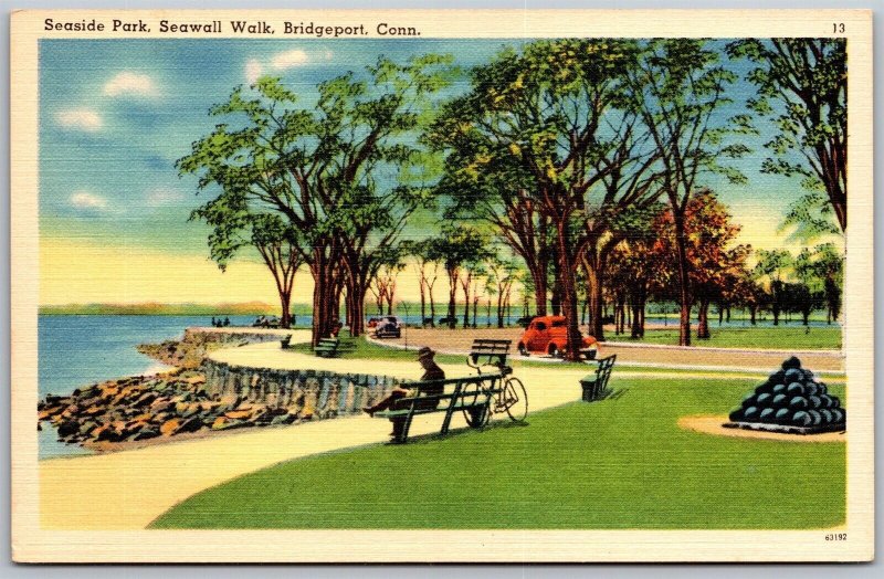 Vtg Bridgeport Connecticut CT Seawall Walk Seaside Park 1930s View Postcard