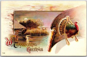 1921 With Thanksgiving Greetings Turkey & River Landscape Posted Postcard