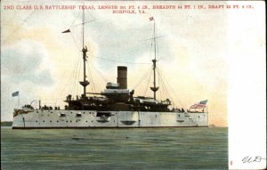 Norfolk Virginia VA 2nd Class US Battleship Texas c1910 Vintage Postcard