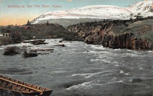 LOOKING UP ONE MILE RIVER YUKON ALASKA CANADA POSTCARD (c. 1910)