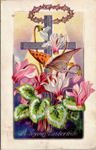 Vtg Joyous Eastertide Flowers Butterfly Cross Crown of Thorns Embossed Postcard