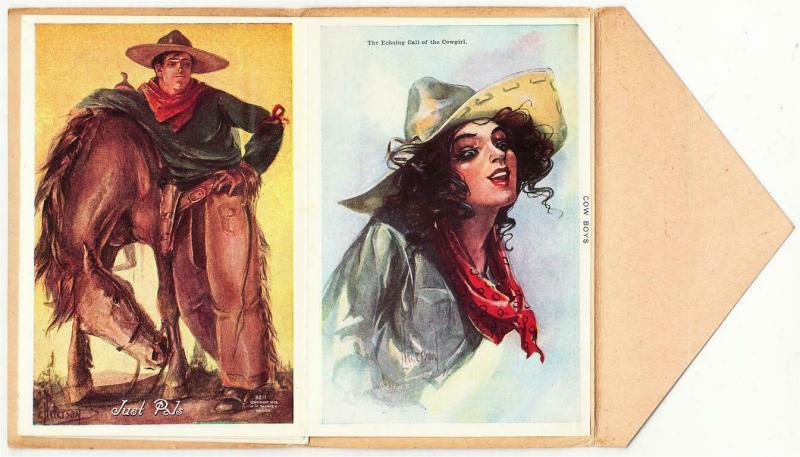 Cowboys and Cowgirls Folding Postcard Souvenir Folder Artist Signed 1910s