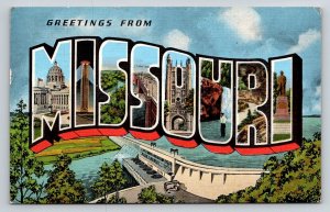 Greetings From Missouri Large Letter Linen Postcard 1950 State Capitol Ozarks