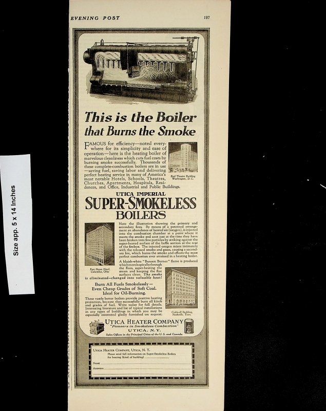 1926 Utica Super Smokeless Boiler Burns Smoke Vintage Print Ad 4495