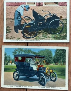 2 Unused Linen Post Cards Ford Model-T & First Ford Dearborn Michigan L52