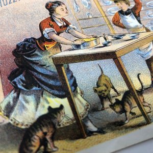 Muzzy's Corn Starch Victorian trade card recipes dogs Kittens c1880s