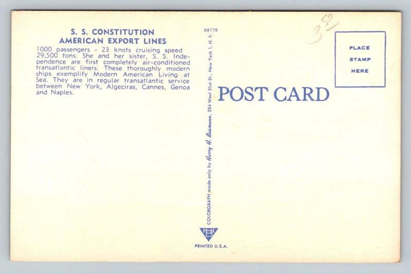 Vintage S.S. Constitution American Export Lines Postcard Linen Style Ocean Liner