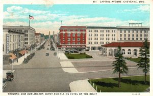 Vintage Postcard New Burlington Depot & Plains Hotel Capital Ave. Cheyenne WYO