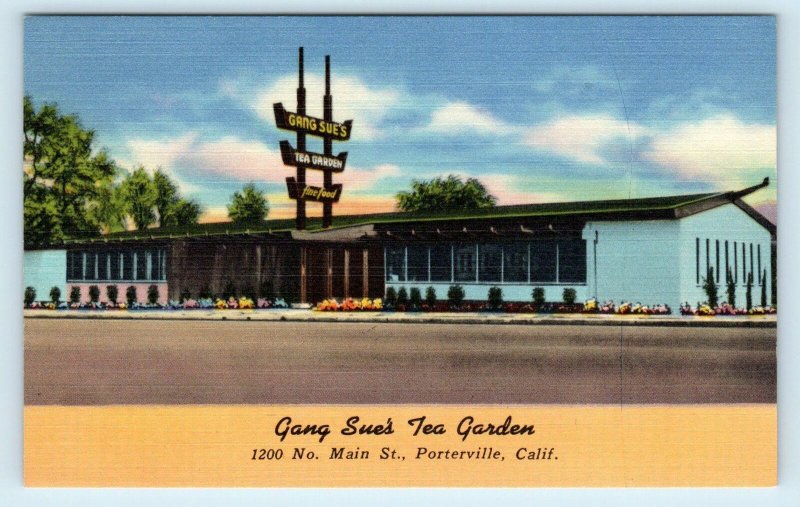 PORTERVILLE, CA ~ GANG SUE'S Chinese Restaurant c1950s  Roadside Linen Postcard