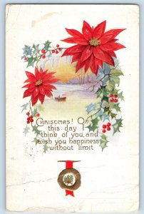 Christmas Postcard Holly Berries Poinsettia Flowers Winter Scene Ferryville WI