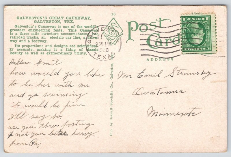 Galveston Texas~Great 3-Mile Long Causeway & Passenger Train, Trolley~1920s PC