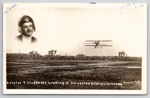 Texas RPPC Paul Studensky Pilot Landing Galveston Aviation Grounds Postcard I29