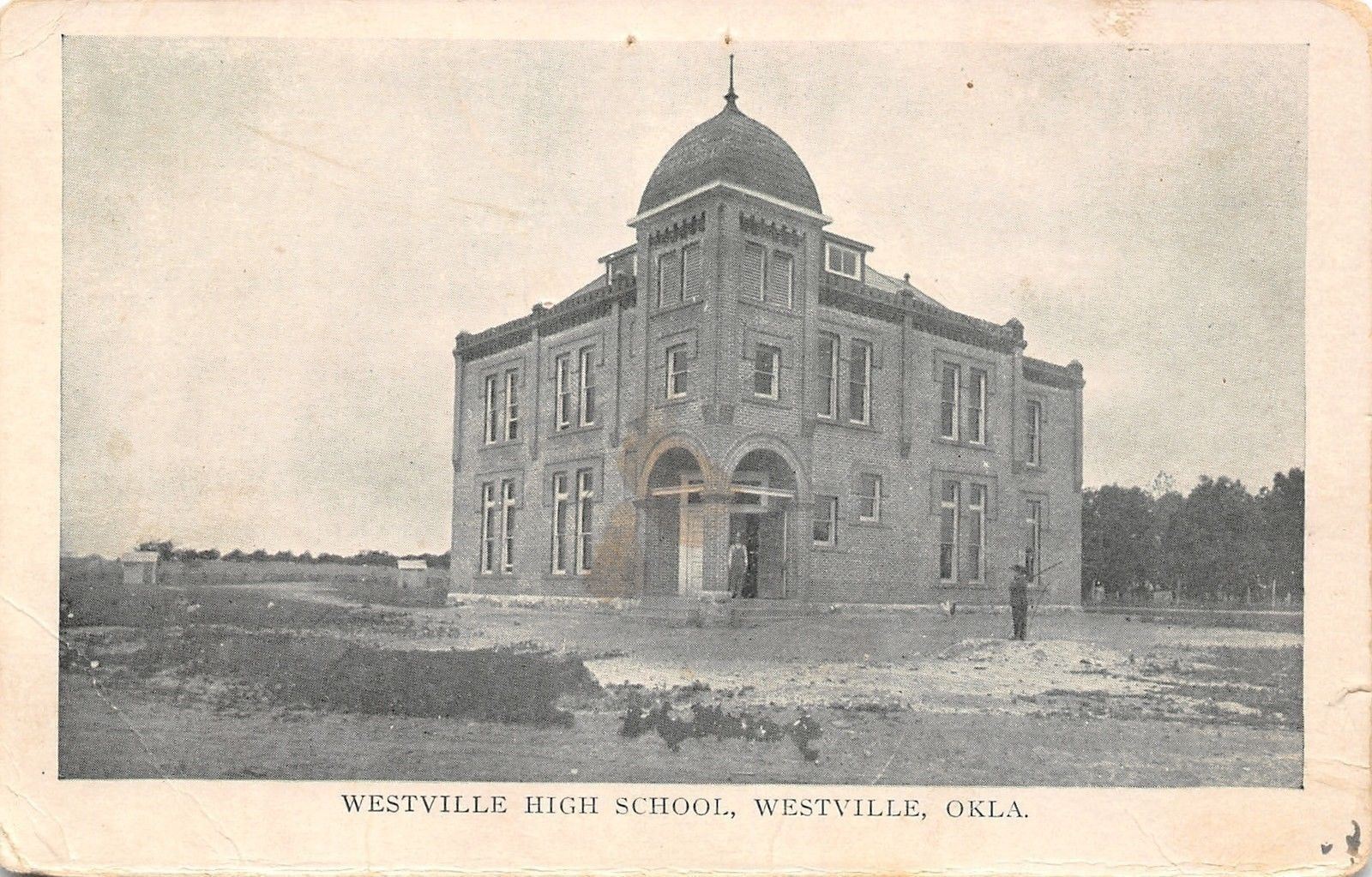 Westville Oklahoma High School Man In Bibs In Doorway Kid On Rock Pile 1910 Pc Hippostcard