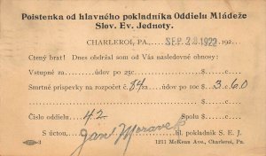 CHARLEROI PA~POISTKA od HLAVNEHO POKLADNIKA ODDIELU MLADEZE-SLOVAK 1922 POSTCARD