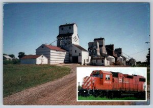 CP Freight Train End Of The Line, Grain Elevators, Inglis Manitoba 1995 Postcard