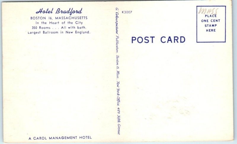 Postcard - Hotel Bradford - Boston, Massachusetts