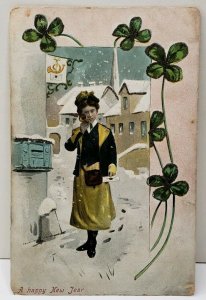 Happy New Year Photo of Woman Blowing Horn Tinseled Clovers Postcard E4