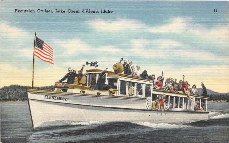 F72/ Coeur d'Alene Idaho Postcard Linen Excursion Cruiser Boat Seeweewana