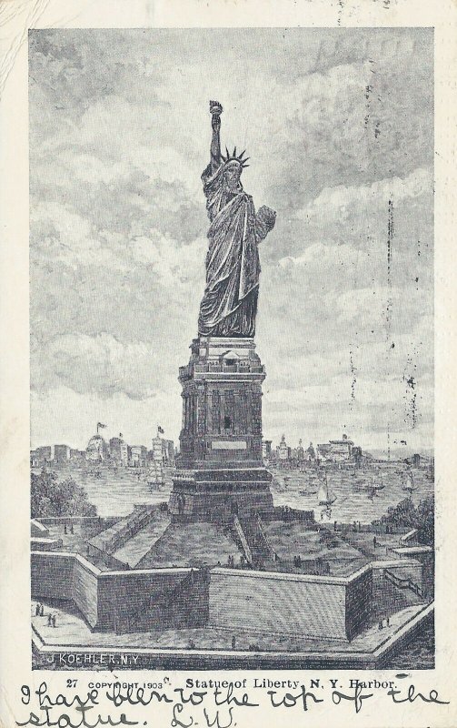 Statue of Liberty, New York Harbor, New York, Very Early Postcard, Used in 1906