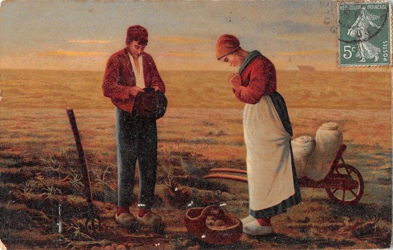 C0373 Agriculture Working  peasants praying postcard painting