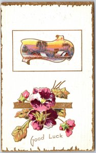 Good Luck, Pink White Pansie Bouquet Below Snowy Village Sunset Vintage Postcard