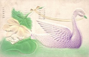 Vintage Postcard 1910 Beautiful Purple Swan in Lake With White Flower Artwork