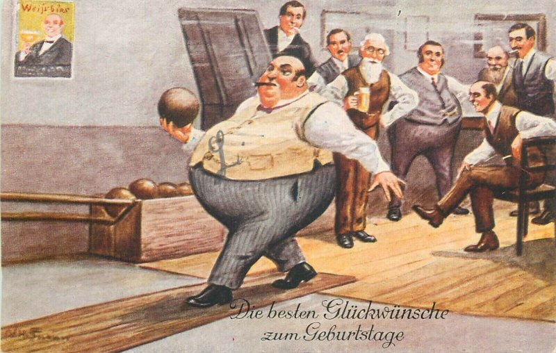 German humor beer alcohol related comic caricature fat man playing bowling