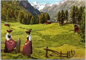 VINTAGE POSTCARD CONTINENTAL SIZE TRADITIONAL SWISS DRESS MOUNT BLANC DE SALLON