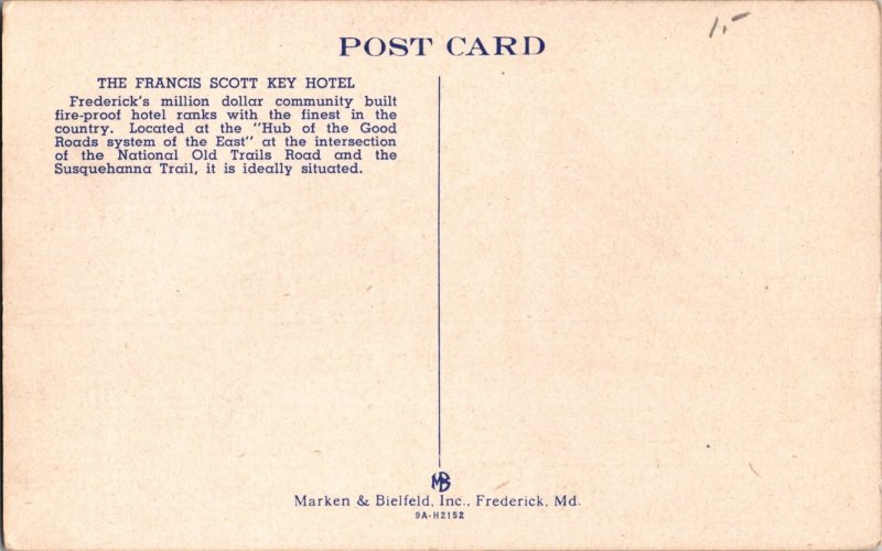 FRANCIS SCOTT KEY HOTEL, FREDERICK, MARYLAND Vintage Postcard KD16
