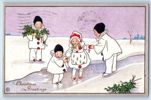 1916 Christmas Greetings Children Berries Winter Scene Brockton MA Postcard