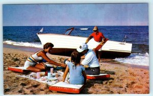 Vintage ADVERTISING Postcard ~ 18 foot CHRIS CRAFT SEA SKIFF Beach ca 1960s