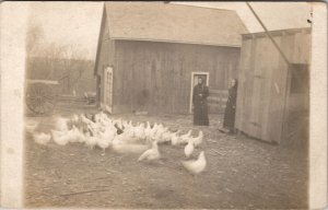 American Farm Poultry Old Barns Women Dark Hooded Coats Real Photo Postcard Z15