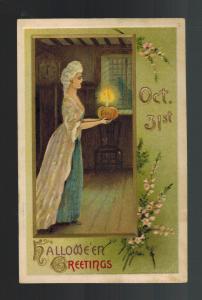1912 Postcard Cover Halloween Greetings Woman with Candle Pumpkin October 31