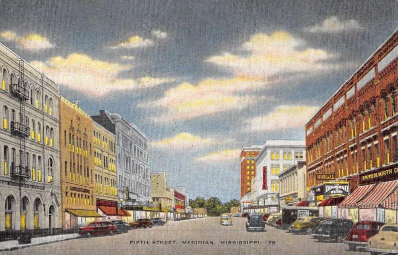 Meridian Mississippi Fifth Street scene Historic Bldgs Antique Postcard K51199